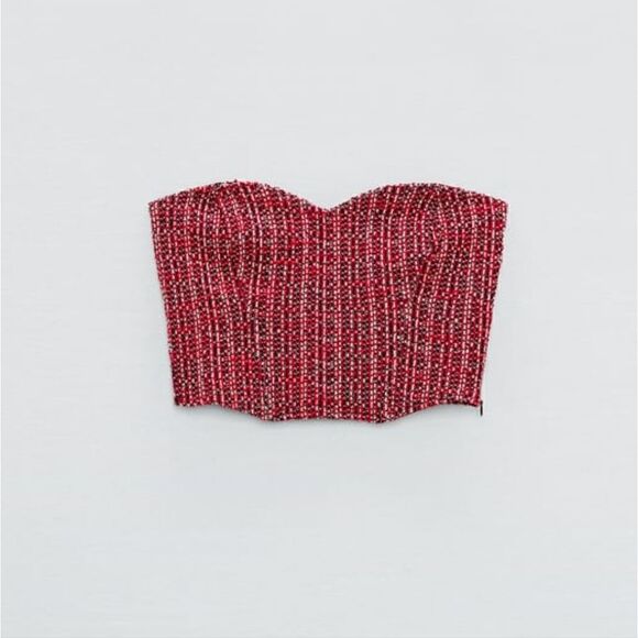 NWT Zara Textured Tweed Corset Strapless Top Size small tweed dark red burgundy - Picture 4 of 10